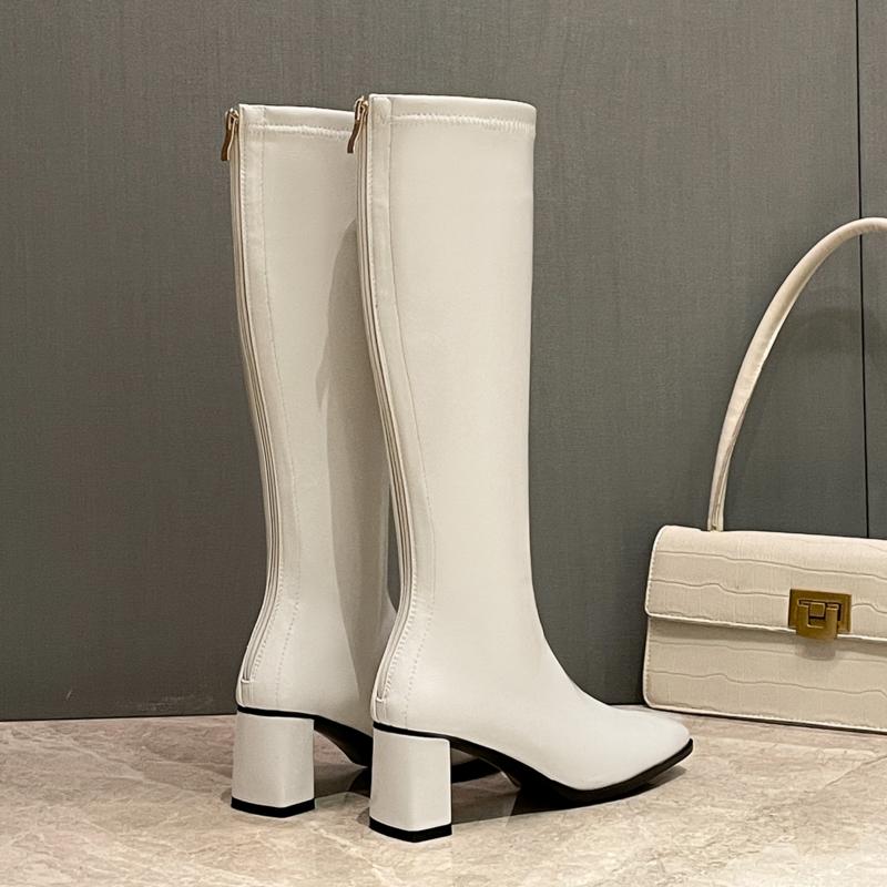 Women's High-heeled Boots Autumn and Winter New Thick-heeled Solid-color Large-size Simple Medium Boots
