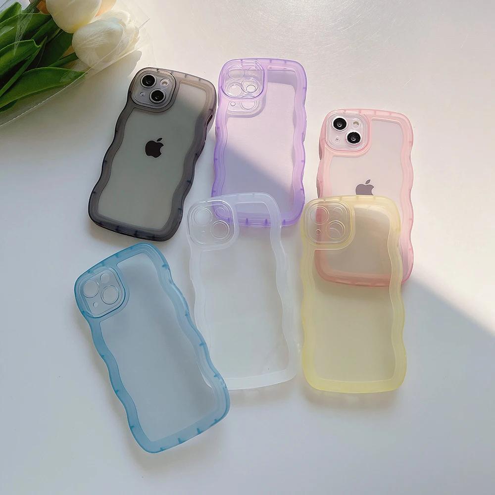 For iPhone 15 14 13 12 11 Pro Max Mini XS SE 7 8 Plus Case Cute Transparent Curly Wave Hybrid Shockproof Bumper Cover Soft Funda