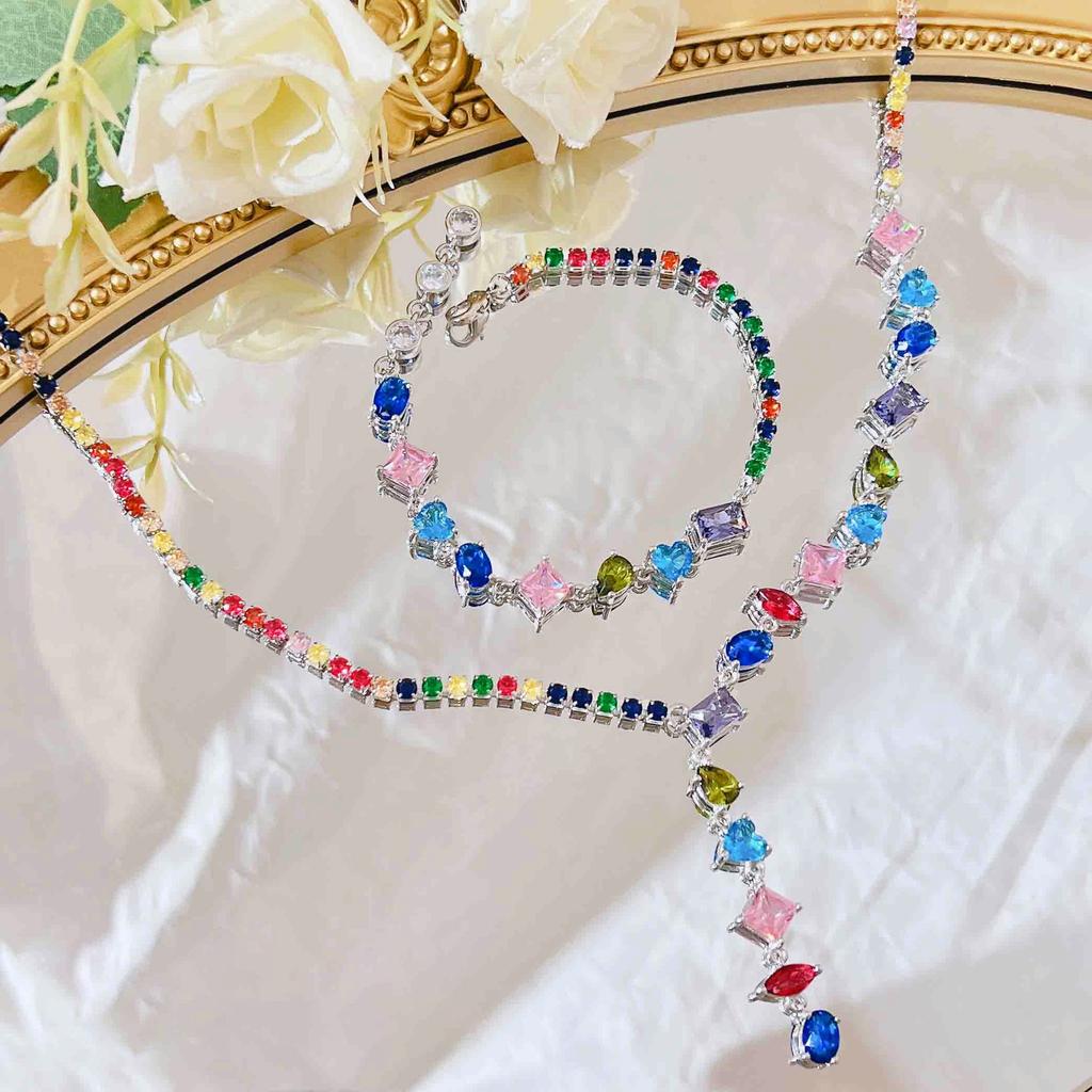 Star Full Colored Candy Bracelet Female, Luxury High-End Splicing Y-Shaped Neck Chain, Thin Colored Gem Necklace