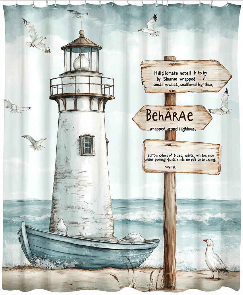1pc Blue Beach, Lighthouse, Seaside Scenery Print Waterproof Shower Curtain Partition Privacy Hanging Curtain with 12 Hooks