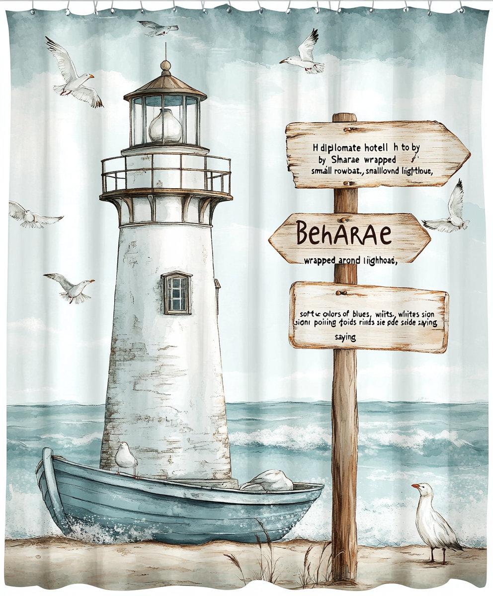 

1Pc Blue Beach, Lighthouse, Seaside Scenery Print Waterproof Shower Curtain Partition Privacy Hanging Curtain With 12 Hooks W60H190(CM)-1 Pcs