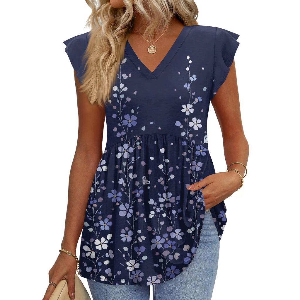 Womens Tops Fashionable V-neck Ruffled Sleeve Short-sleeved T-shirt Business Blouses