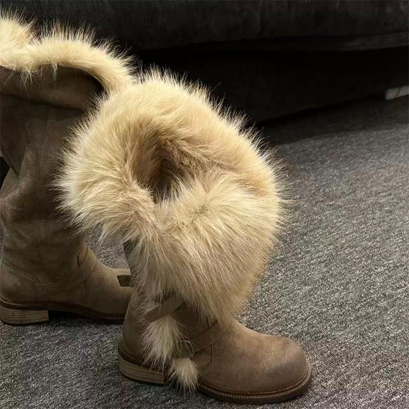 

Fur High Boots Women s Designer Heeled Suede Shoes Buckle Fashion Warm Snow Boots New Comfort Winter Walking Woman Booties 40