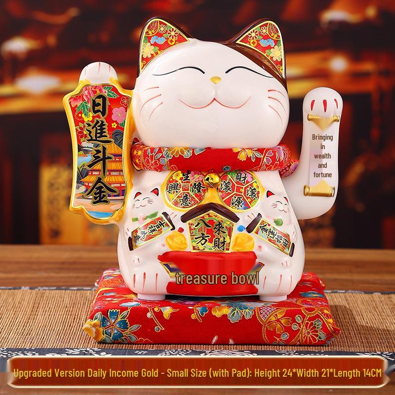 Automatic Waving Ceramic Lucky Cat Figurine - Perfect for Housewarming, Cash Register, or Living Room Decor
