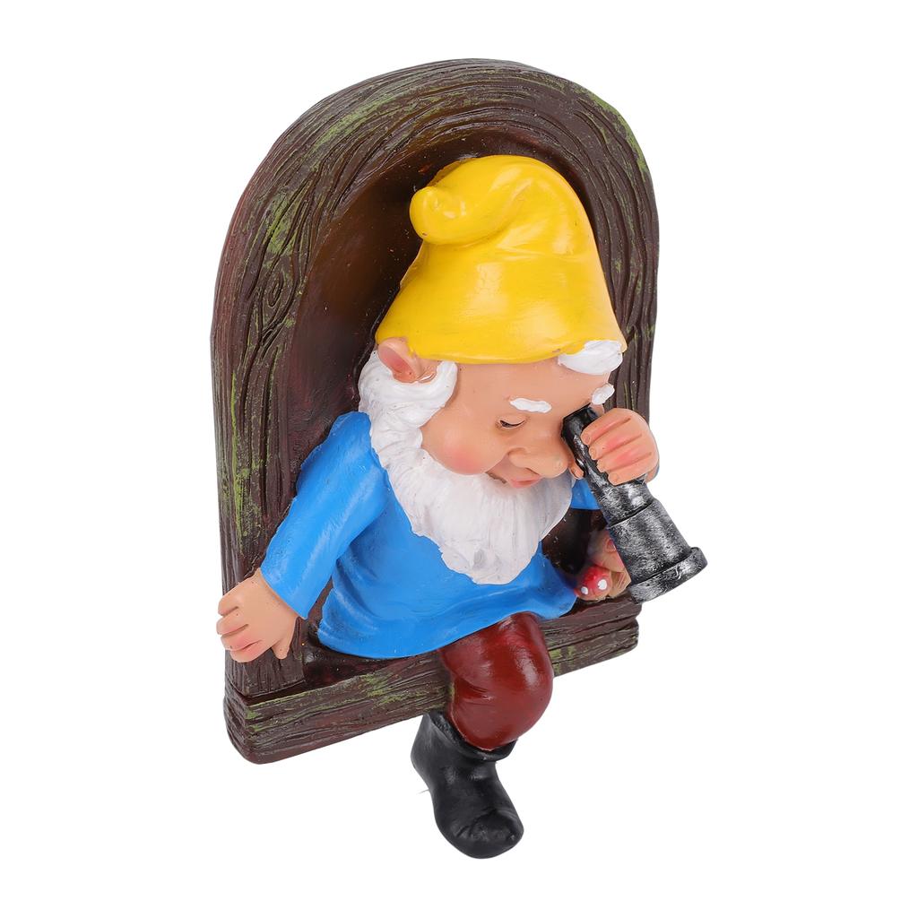 Elf Out The Door Gnome Tree Statue Resin Gnome Holding Monocular Hanging Tree Sculpture for Garden Patio Yard Lawn Decor