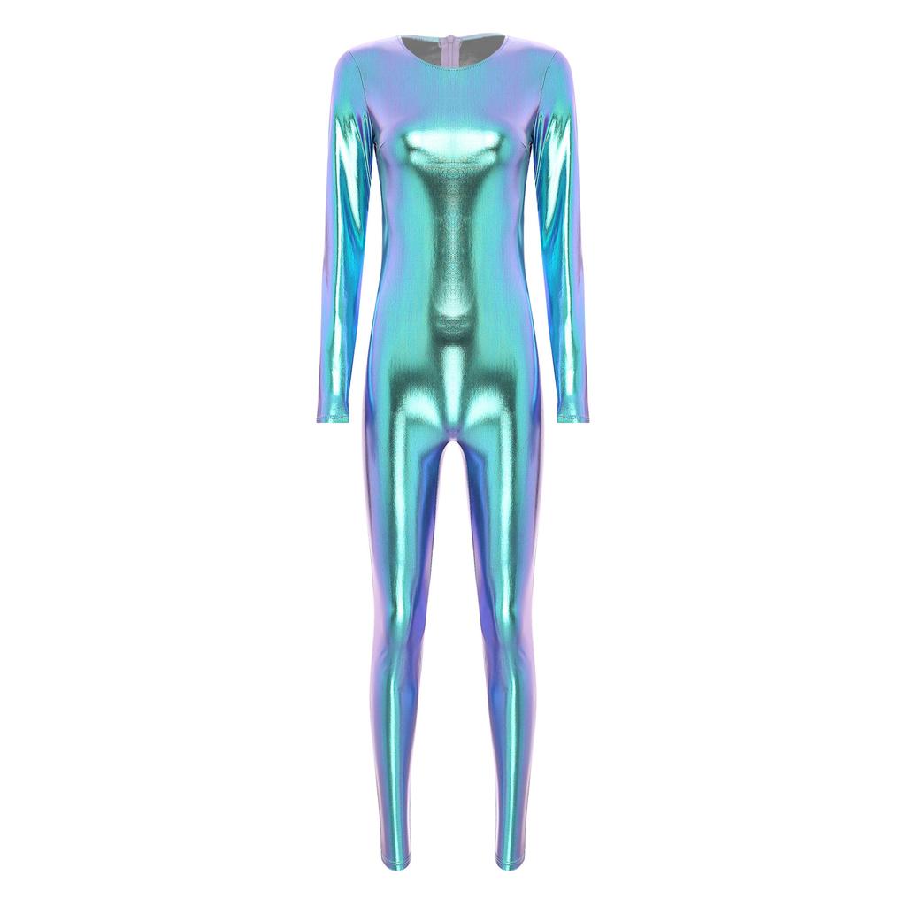 Womens Metallic Bodysuit Shiny Unitard Long Sleeve Round Neck Full Coverage Slim Fit Dance Performance Wear