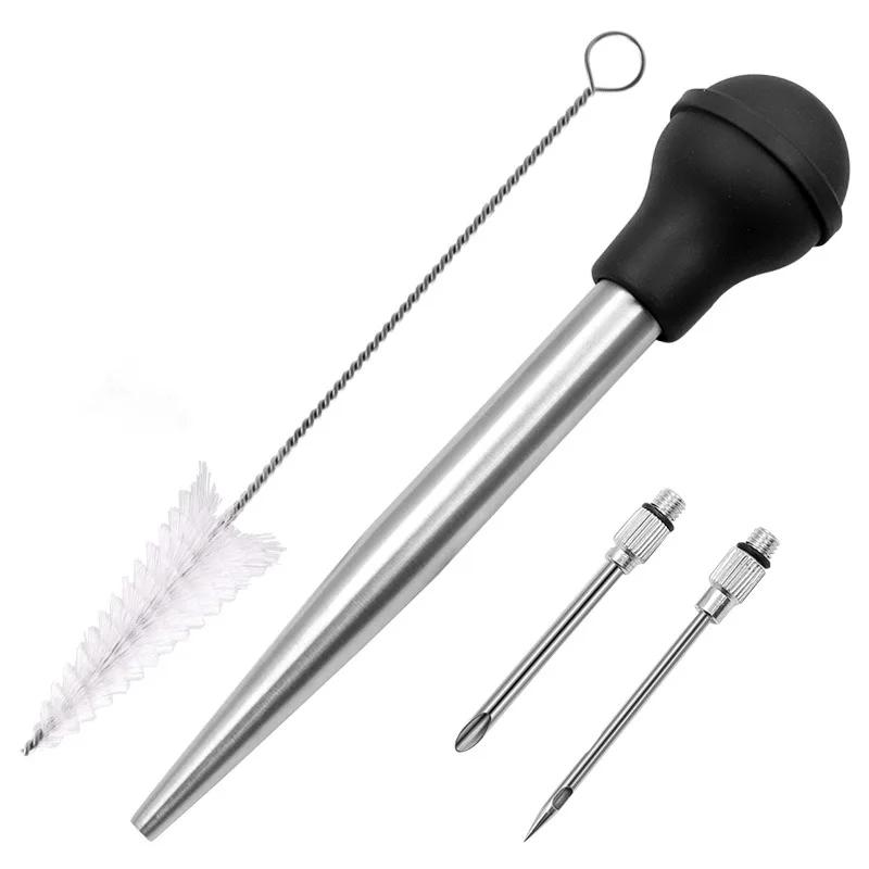 304 Stainless Steel Silicone BBQ Turkey Pump Double Needle with Kitchen Cooking Pork Steak Meat Sauces Barbecue Seasoning Tool