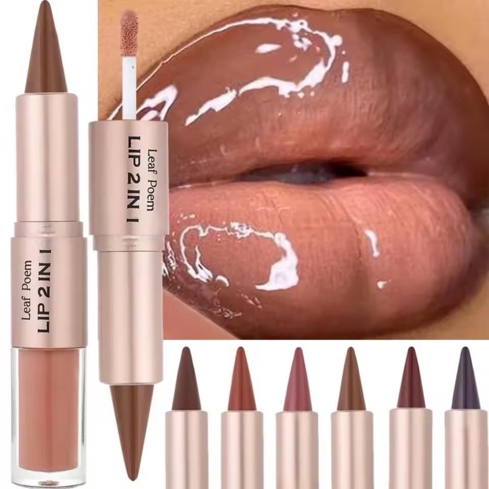 2 In1 Tapered Gradient Lipliner Pen Nude Brown Mirror Glass Lip Gloss Matte Lip Liner Water-resistant Lip Contour Non Stick Makeup