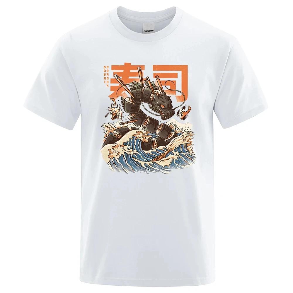 Japan Ukiyo E Style Sushi Dragon Print Man T Shirt High Quality Brand Clothing Loose T Shirts Fashion Cotton Shirt Tops 80408