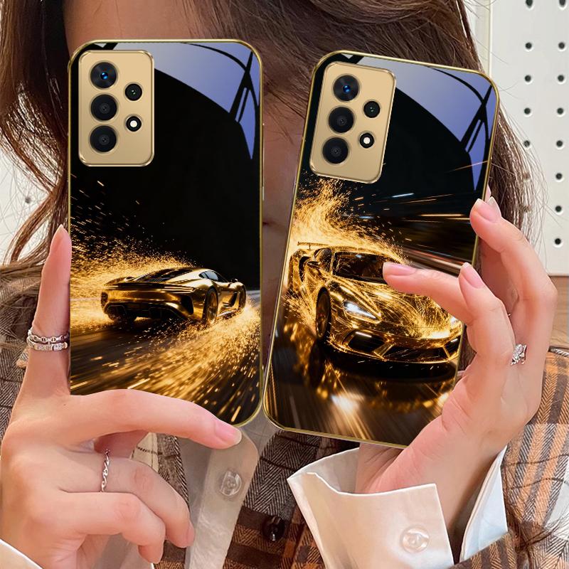 Flying golden supercar For Samsung A 01 52S A04 A05S A10 A12 13 22 23 24 36 42 M02 Note 10 20Ultra 8 9 Golden glass phone case