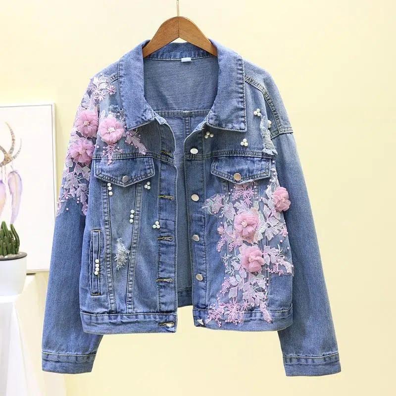 Embroidery Denim Short Jacket Female Spring Autumn Applique Diamond Holes Coat Loose Tops Student Jean Outerwear Jackets