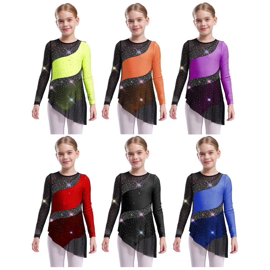 Girls Dance Gymnastics Bodysuit Dress Long Sleeve Sheer Mesh Patchwork Sparkling Rhinestones Color Block Leotard