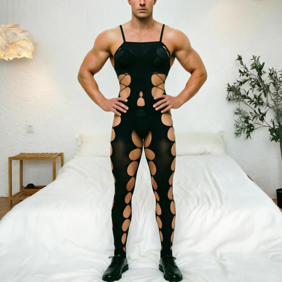 Fischernetz Herren Nachtwäsche Herren Ausgeschnittene Bodysuits Unterwäsche Bodystockings Sexy Nachthemd Kerl Overalls Hombre Ropa Interior