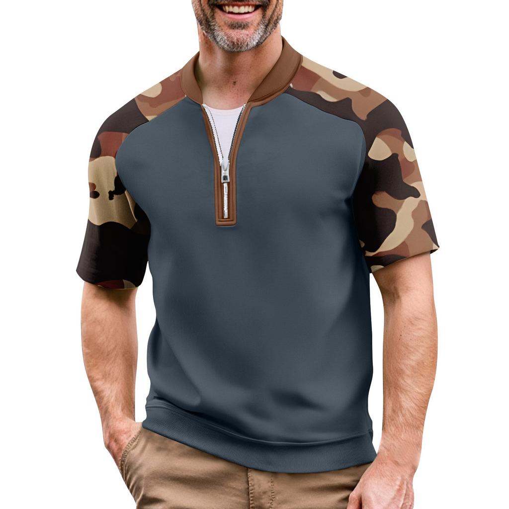 Men's Summer Camouflage Color Casual T-shirt Sports Breathable Zipper Collar Top