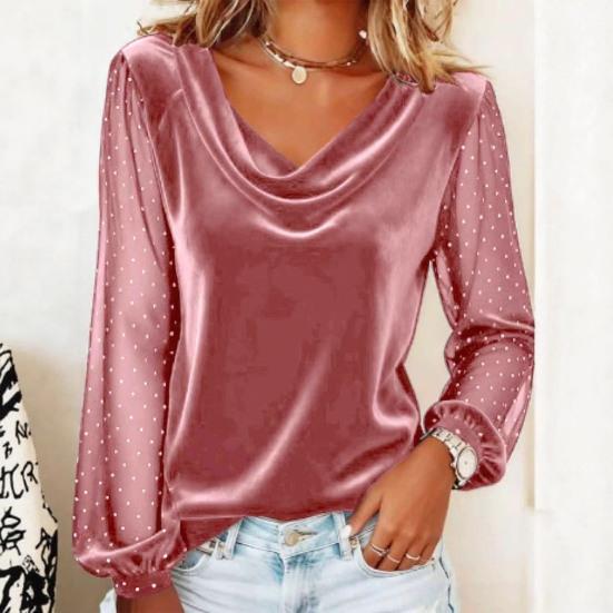 Women Tops Swing Collar Shiny Hot Drill Decor Mesh Long Sleeve Pullover Tops Loose Fit Velvet Tops Casual Work Party Date Wear