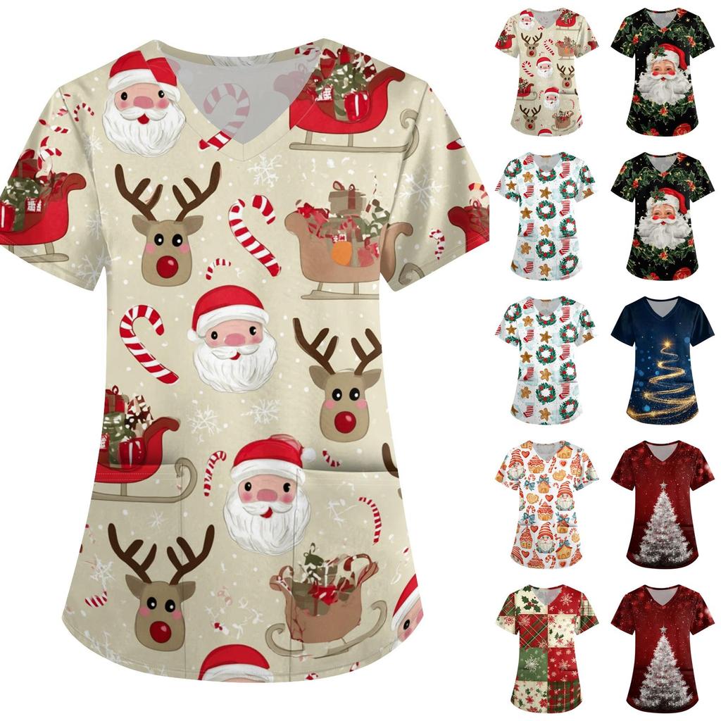 Women's Christmas Print V-Neck Short Sleeve Uniform with Pockets Loose Fit