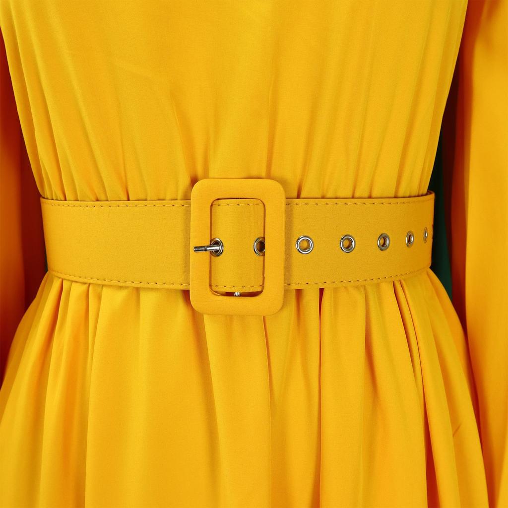 YYFS Moda damă primăvară toamnă imprimeu culoare uni cu mâneci lungi pe jumătate cu gât rotic cu talie înaltă rochii casual