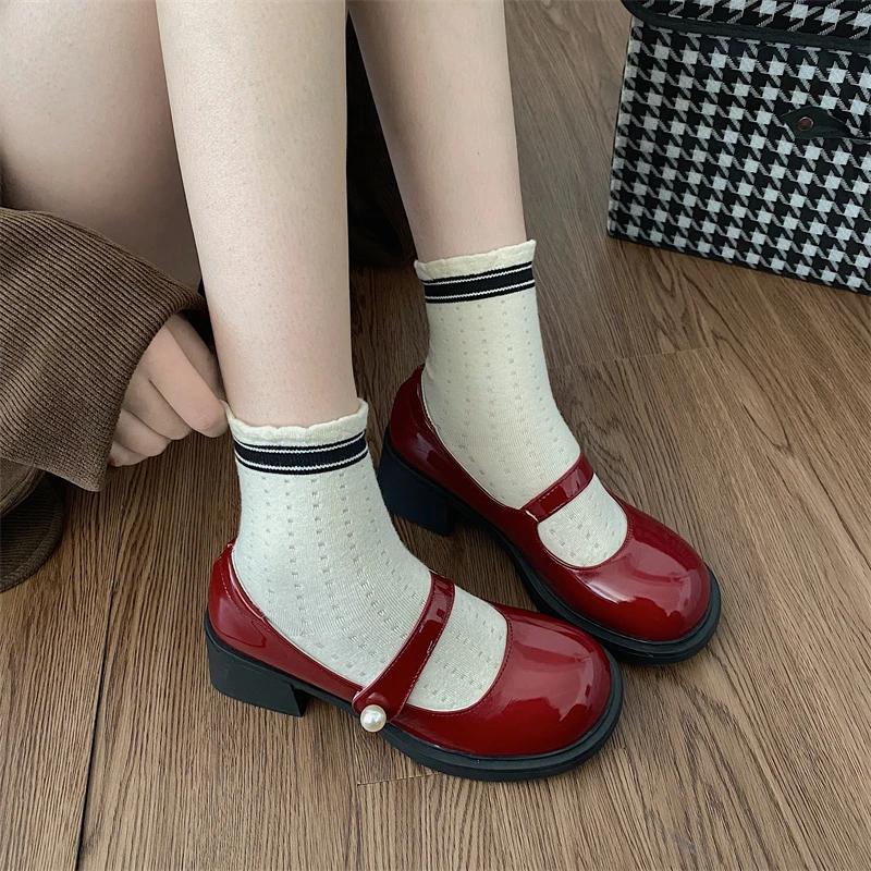 Fashion Thick Heel Red Women Mary Jane Shoes Fashion Round Toe Shoes 2025 Spring Ladies Casaul College Style Pumps