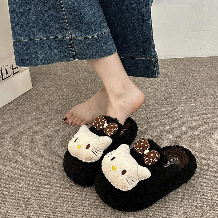 Fashion Sweet Girl Fluffy Slippers Women's Shoes 2025 Autumn and Winter New Outer Wear Casual Cotton Slippers