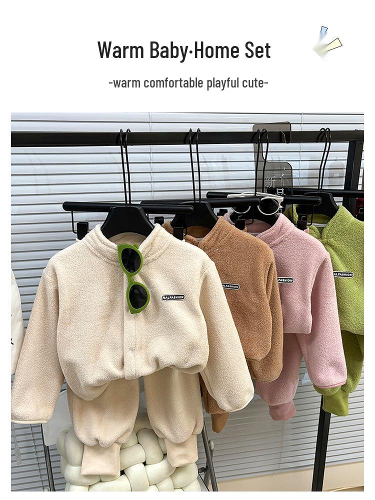 Korean Style Kids' Two-Piece Set: Stand-up Collar Fleece Sweater & Thick Pants for Fall/Winter, Unisex