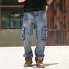 Herren Cargohosen Gewaschen Schwarz Grau Denim Mehrere Taschen Lockere Passform Gerade Beine Hosen