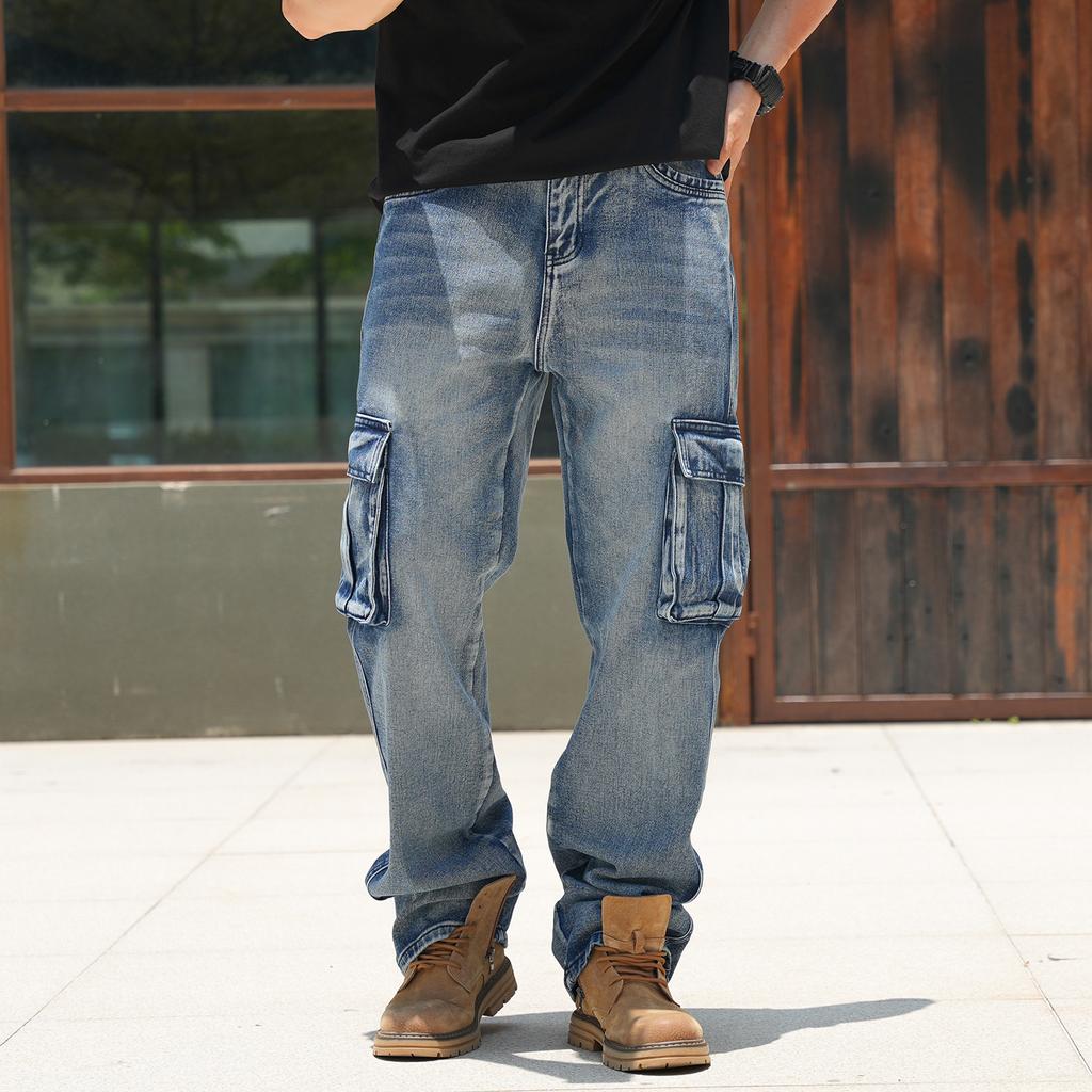 Herren Cargohosen Gewaschen Schwarz Grau Denim Mehrere Taschen Lockere Passform Gerade Beine Hosen