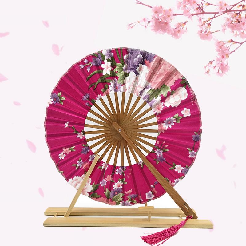 Japanese Sakura Flower Printed Fans Folding Fans Ancient Tassel Round Hand Fan Dance Performance Photo Prop Wedding Party Decor