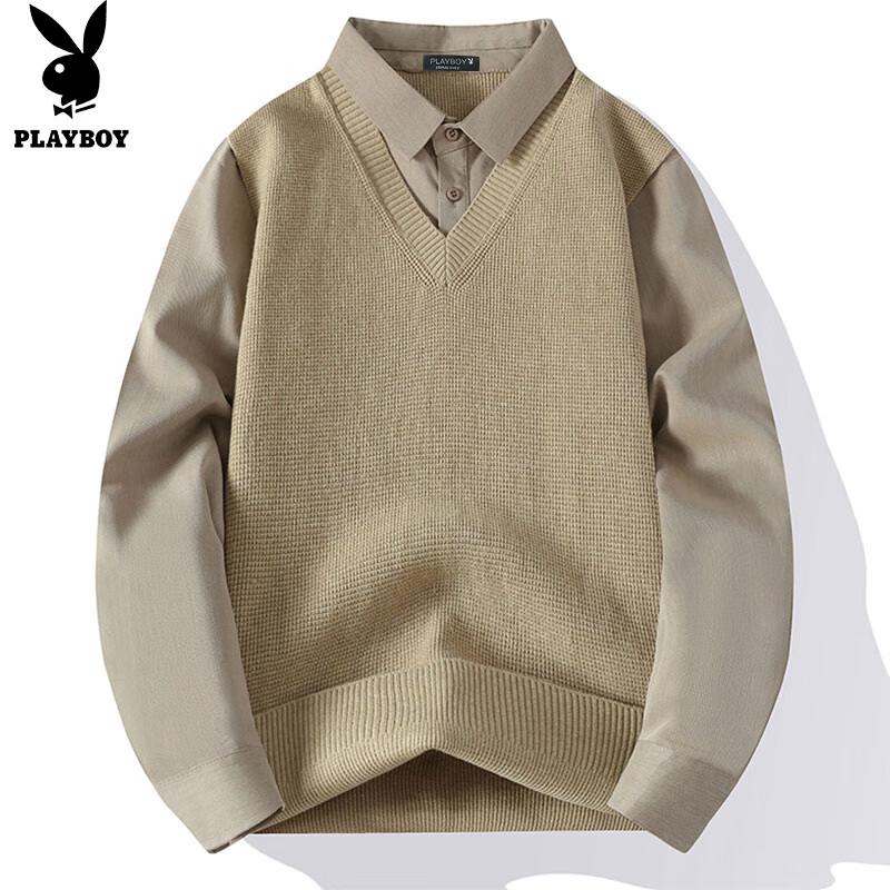 Playboy Men's Faux Two-Piece Shirt Collar Knit Sweater