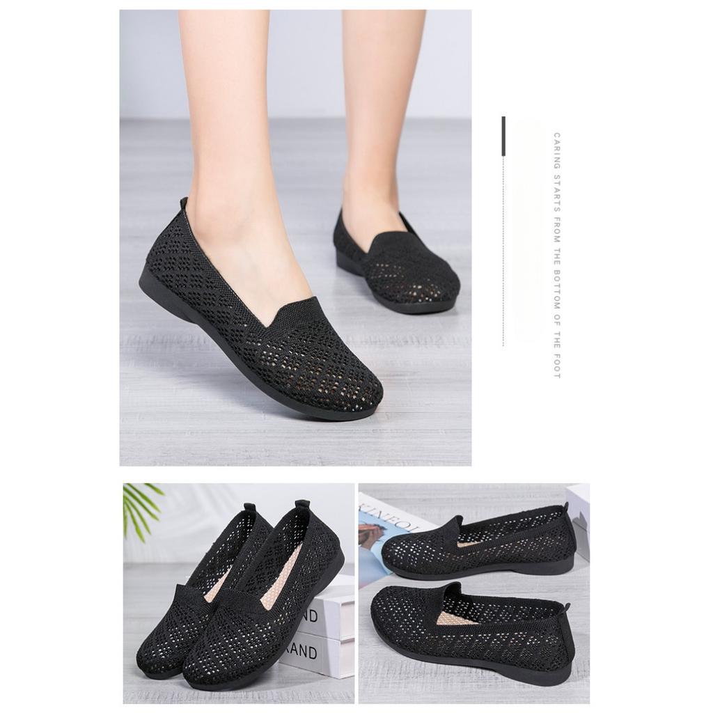 Sommer Neu Weiche Sohle Weiche Oberfläche Modisch Lässig Mesh Fly Woven Atmungsaktiv Bohnenschuhe Hohl Flacher Mund Flache Sohle Einzelner Schuh für Damen
