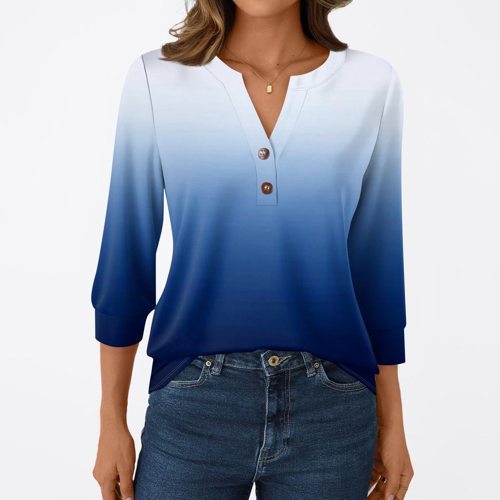 Women's Fashion Casual 3/4 Sleeve T-Shirt Prints V-Neck Button Top
