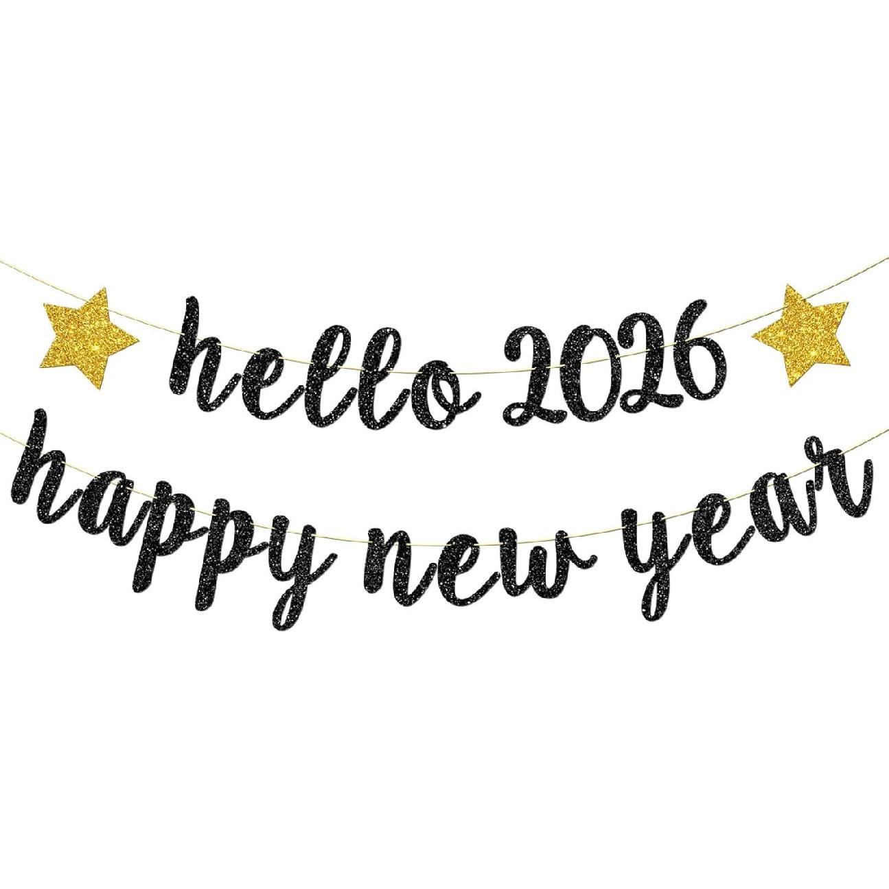Hello 2026 Banner, Home Office Celebrations Party Decorations Happy New Year Party Hanging Sign New Year s Eve Bunting Supplies Black Glitter