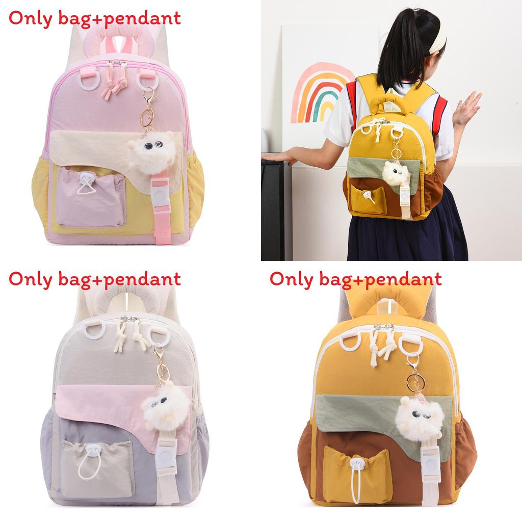 Childrens Blocked Color Backpack With Plush Pendant For School Outings And