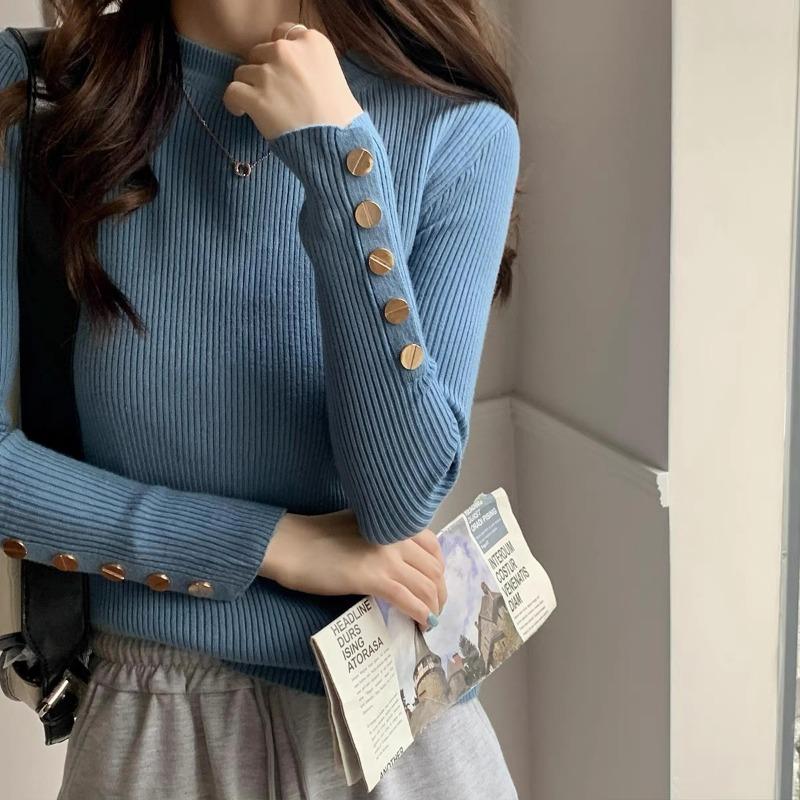 Autumn and Winter Long Sleeve Soft Knitted Women's Sweater Half High Collar Solid Bottom Pullover Sweaters Tops Ladies O Neck Casual Knitwears 24973