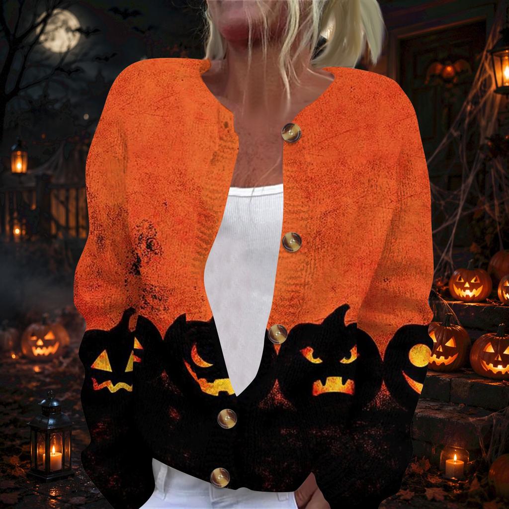 Damen Halloween Print Langarm Strickjacke Knopfleiste Mantel