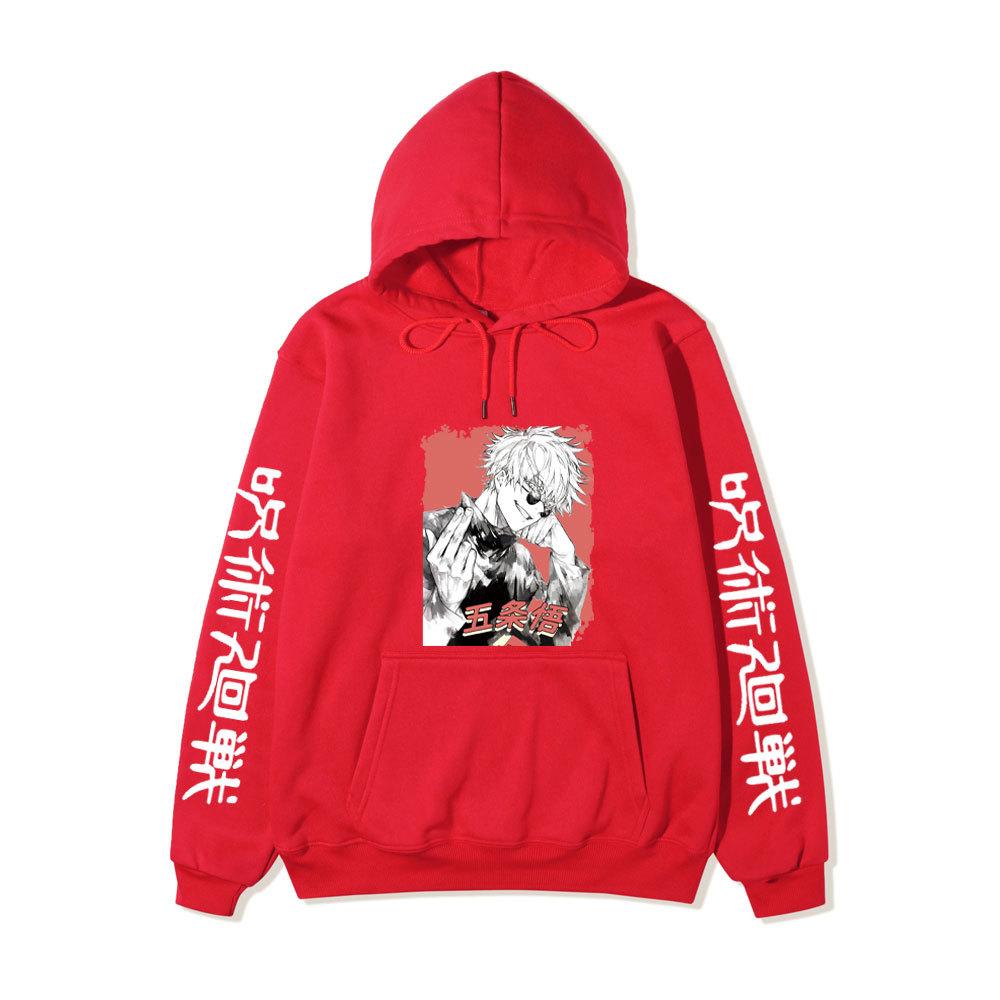 Jujutsu Kaisen Satoru Gojo Hoodie Unisex Fleece Sweatshirt Red Background Manga Portrait Kanji Sleeve Autumn Winter Pullover