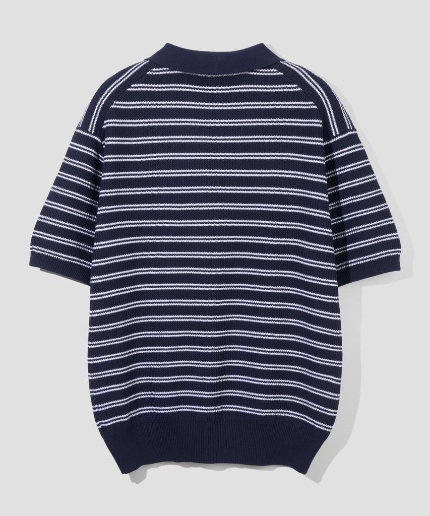 AGOD Collar Button Stripe Half Knit [Navy]
