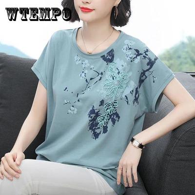 Baumwoll-Blumen-Kurzarm-T-Shirt für Damen, Sommer, lockeres, großes, dickes Oberteil mit Rundhalsausschnitt