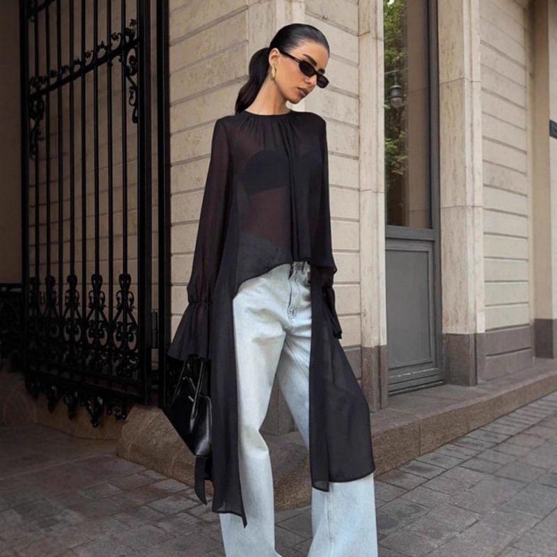 

European and American Dark Style Black Chiffon Top for Women 2026 Spring/Summer Design Loose Long Bell Sleeve Blouse Women s Clothing Black S