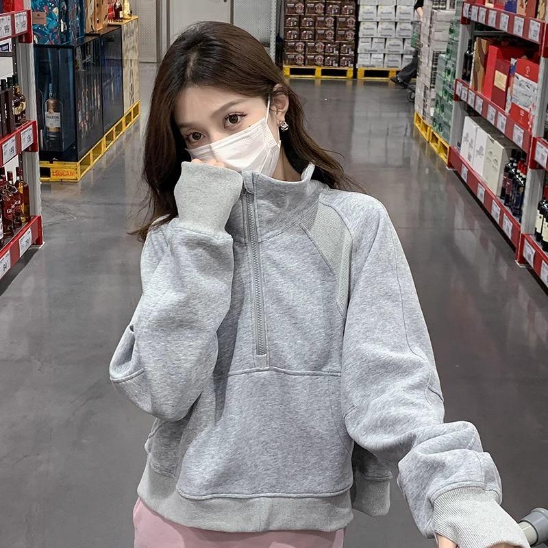 

Sweater Jacket Women s Autumn and Winter New Spring and Autumn Half Zipper Stand-up Collar Top Pullover Short Sports Suit Thick S серый