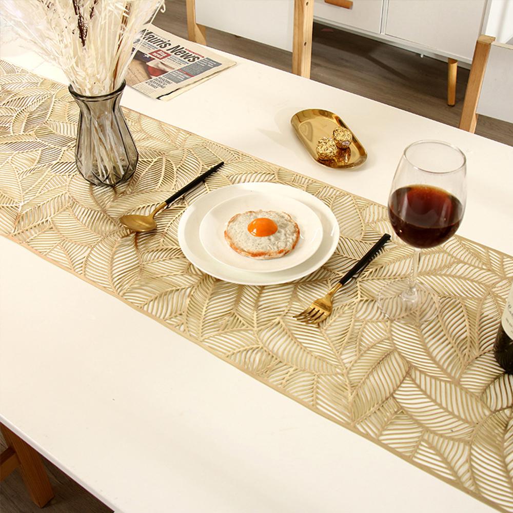 Hollow Leaves Table Runner  35x180 cm/ 14x73 Inch Waterproof Washable Gold Dining Table Runner for Wedding Banquet Party Decor
