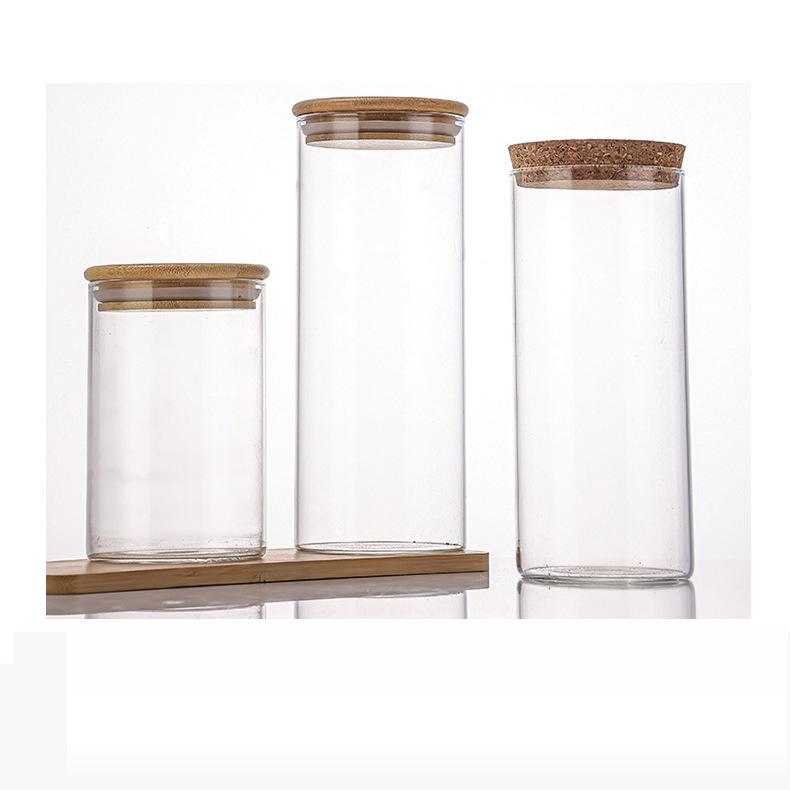 80mm High Borosilicate Glass Storage Jar with Wood Stopper & Bamboo Lid - Straight Neck, Multiple Sizes