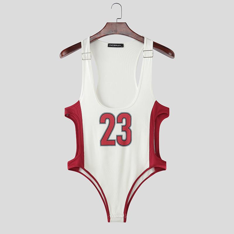 INCERUN Men Deep U Sleeveless Letter Print Fitted Playsuit Bodysuits Jumpsuits Underwear