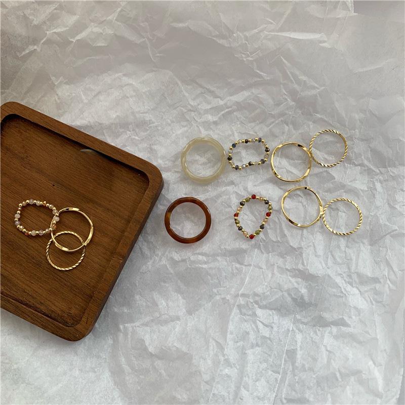 Korean Retro Rice Bead Acrylic Crystal Four-Piece Ring Set