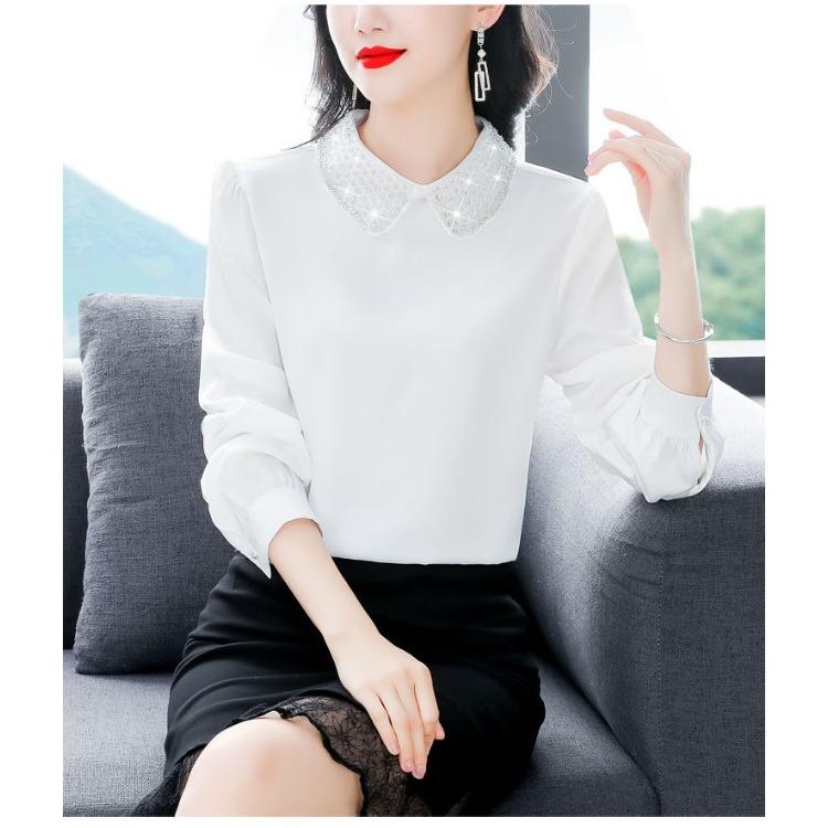 Elegant Rhinestone Long Sleeve Shirt Loose Fit Women Blouse Spring Autumn Trendy Plus Size Top Slimming