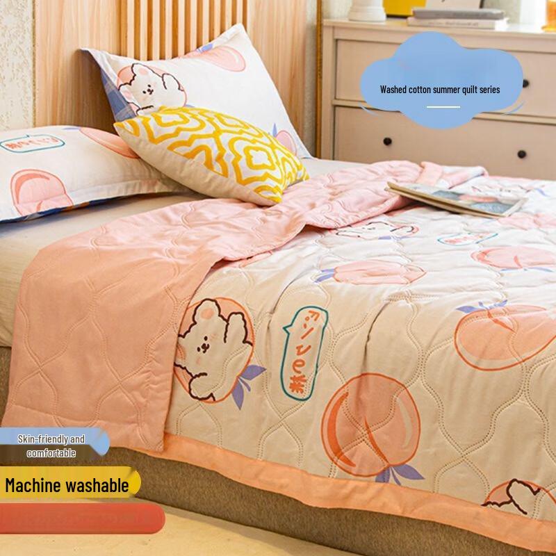 BeiHuan Peach Bear Washed Cotton Machine Washable Thin Quilt