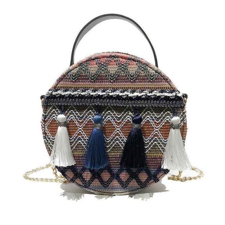 Torba na ramię w stylu etnicznym Damska Retro Ręcznie robiona pleciona torba Pasek na łańcuszku Torba na ramię Frędzle Mała okrągła torba