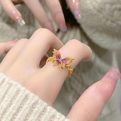 Aşamalı Renk Değiştiren Kelebek Yüzük Peri Peri Çırpınan Retro Yüksek Anlam Çok Yönlü Niş Tasarım Pembe Mor Yüzük