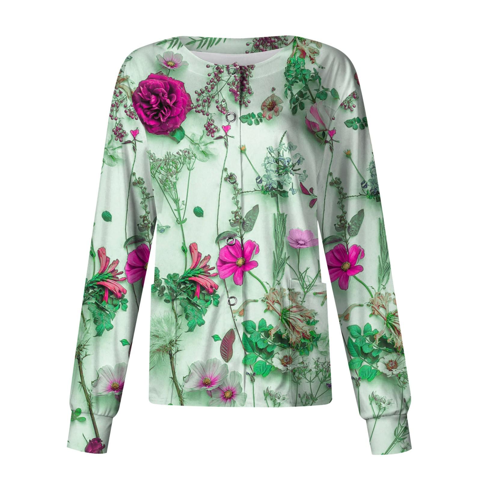 

Женский повседневный однобортный однобортный защитная одежда с длинными рукавами и цветочным принтом, кардиган, топ L зелёный