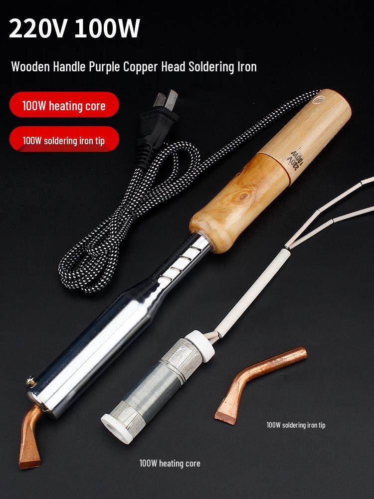 High-Power Electric Soldering Iron Set with Wood Handle - Purple Copper Bent Flat Tip for Household Electronics Repair.