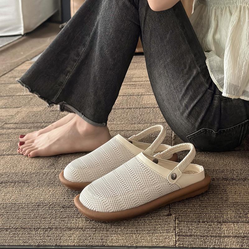Two wear flat-soled linen sandals women's summer 2025 new mesh breathable hole shoes bag head half slippers outer wear